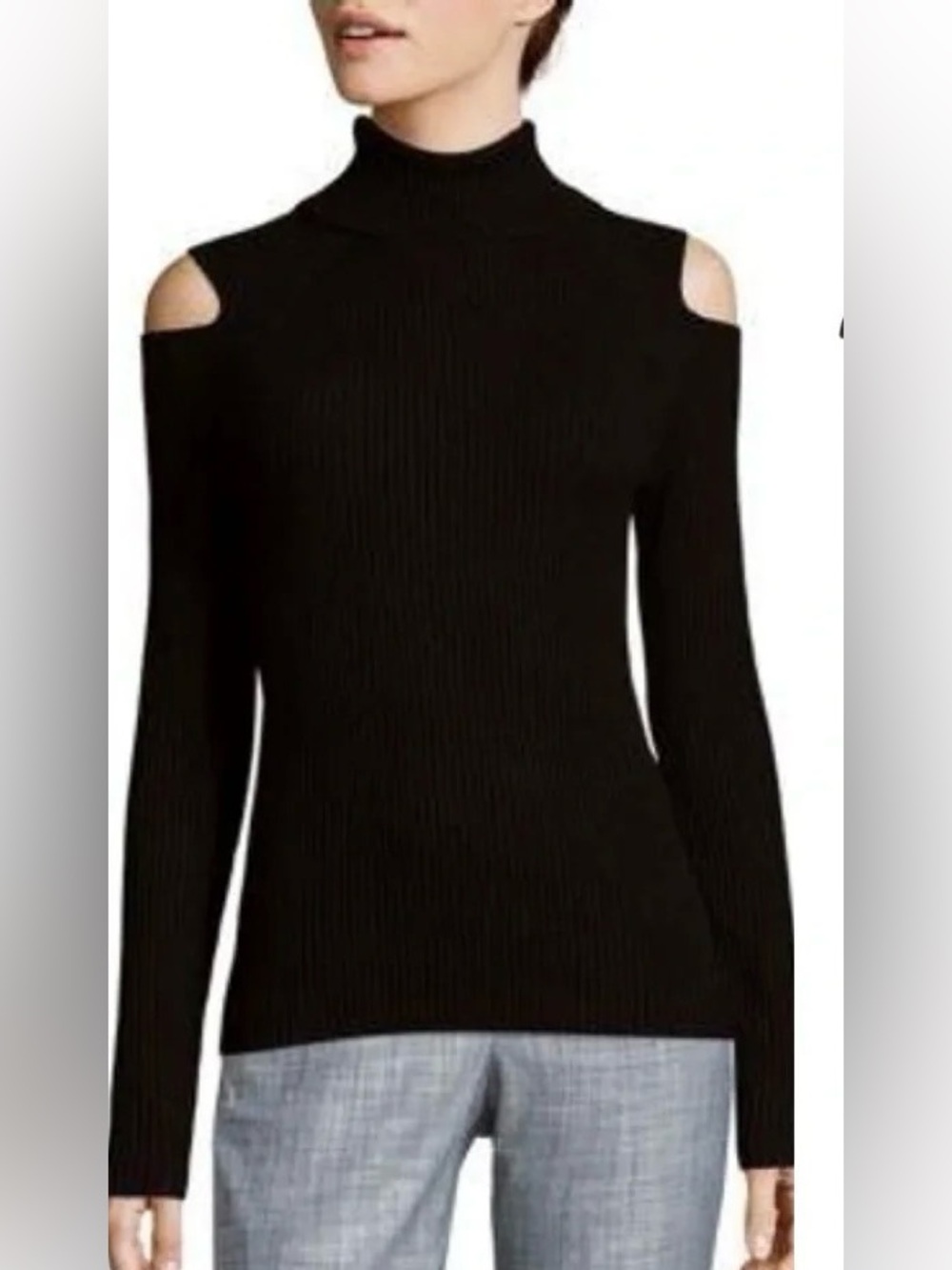 1.STATE Womens Ribbed Cold Shoulder Turtleneck Sweater